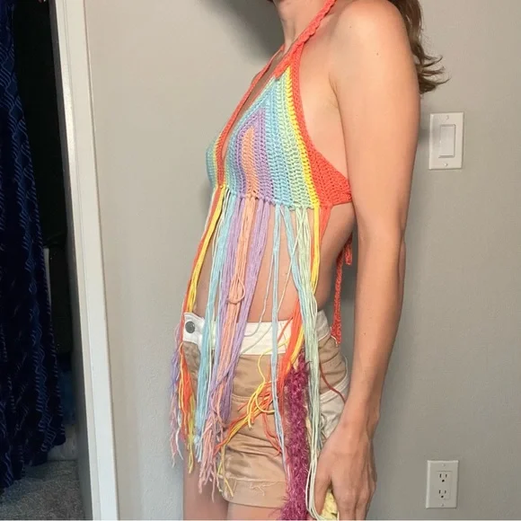 GIFTED Pastel Rainbow Crochet Boho Festival Tank Fringe - Picture 6 of 6
